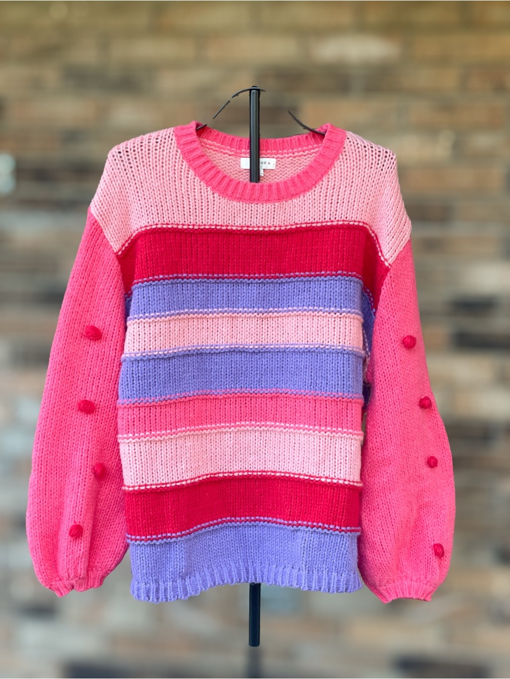 Umgee 1XL Pink Purple Colorblock Pom Pom Sleeve Chunky Knit Sweater